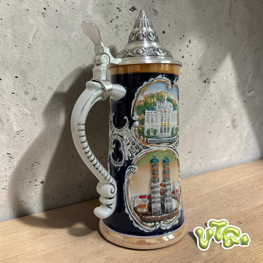 VTG GERZ Germany Lidded Beer Stein Bavaria Neuschwanstein Castle Relief Stein 9"